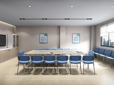 Modern Meeting Room Interior With Long Table Blue Chairs Wall Paintings TV And Windows 3d model