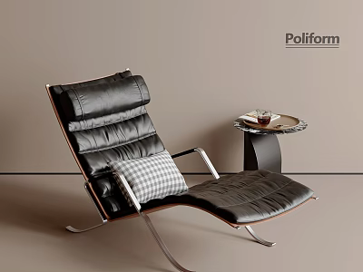 Poliform Black Leather Lounge Chair With Metal Frame Plaid Pillow And Side Table 3d model