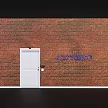 Red Brick Wall With White Door And Blue STORAGE Lettering Design