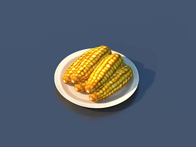 Three Fresh Cooked Corn Ears On White Plate For Healthy Meal 3d model
