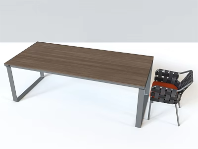 Modern Dining Table Set Featuring Wooden Tabletop Metal Legs And Woven Chair 3d model