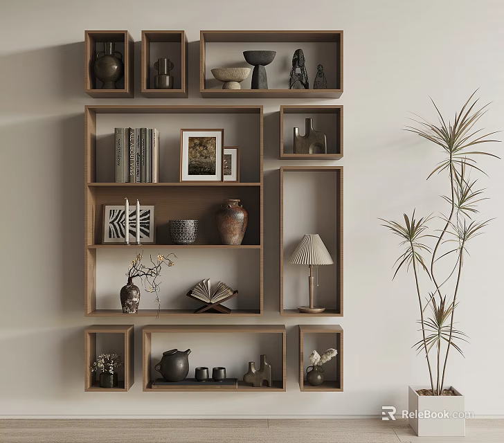 Modern Decorative Shelving Unit with Books Photo Frames Vases and Table Lamp 3d model 