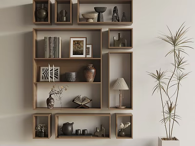 Modern Decorative Shelving Unit with Books Photo Frames Vases and Table Lamp 3d model