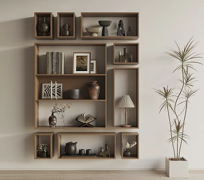 Modern Decorative Shelving Unit with Books Photo Frames Vases and Table Lamp 3d model
