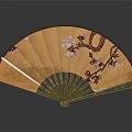 Decorative Hanging Fan with Plum Blossom Design on Yellow Surface Green Ribs