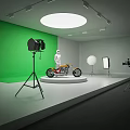 Studio Photography Scene With Green Screen Motorcycle Model On White Platform Studio Lights And Reflectors