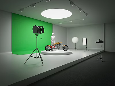 Studio Photography Scene With Green Screen Motorcycle Model On White Platform Studio Lights And Reflectors 3d model