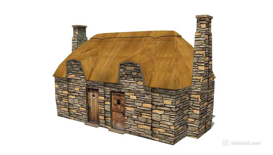 Traditional Stone Cottage With Thatched Roof Two Chimneys And Wooden Doors 3d model 