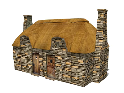 Traditional Stone Cottage With Thatched Roof Two Chimneys And Wooden Doors 3d model