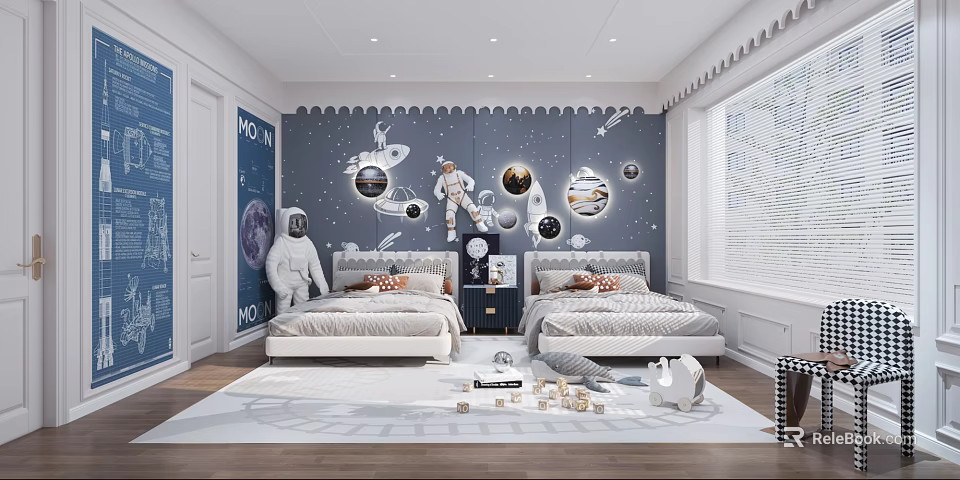 Space Themed Kids Room Featuring Astronaut Decor Two Beds Gray Walls and Toys 3d model 
