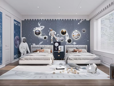Space Themed Kids Room Featuring Astronaut Decor Two Beds Gray Walls and Toys 3d model