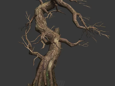 Leafless Tree With Thick Trunk And Twisted Branches In Gray Background 3d model