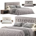 Modern Double Bed With Tufted Headboard Plaid Pillows And Linen Comforter 3d model