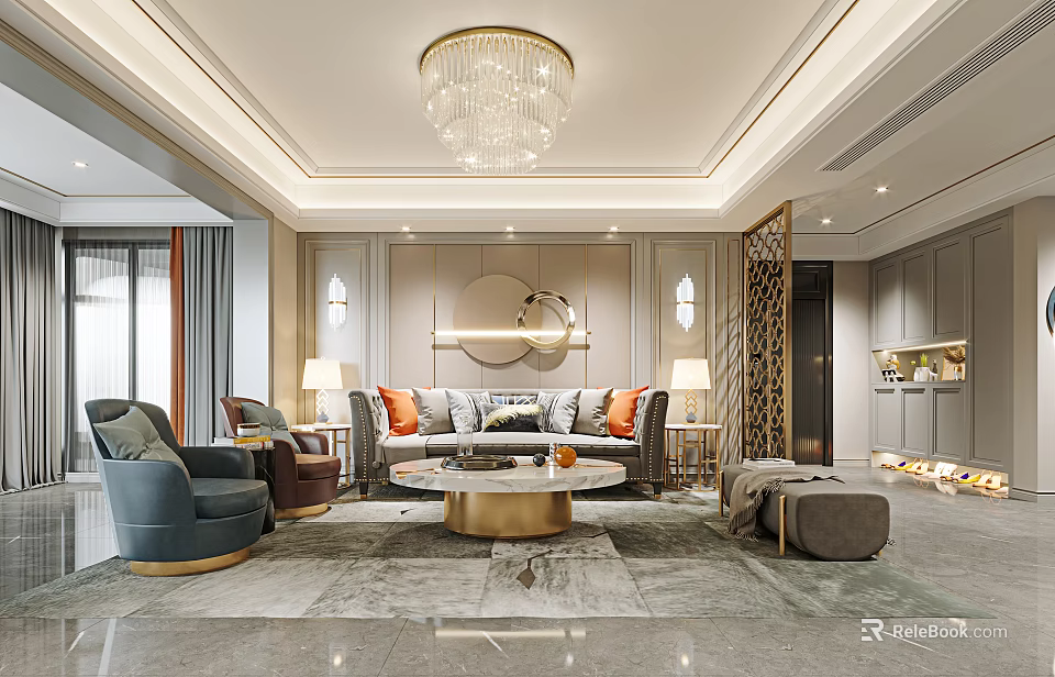 Elegant Modern Living And Dining Room Interior With Crystal Chandelier Sofa And Coffee Table 3d model 