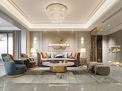Elegant Modern Living And Dining Room Interior With Crystal Chandelier Sofa And Coffee Table 3d model