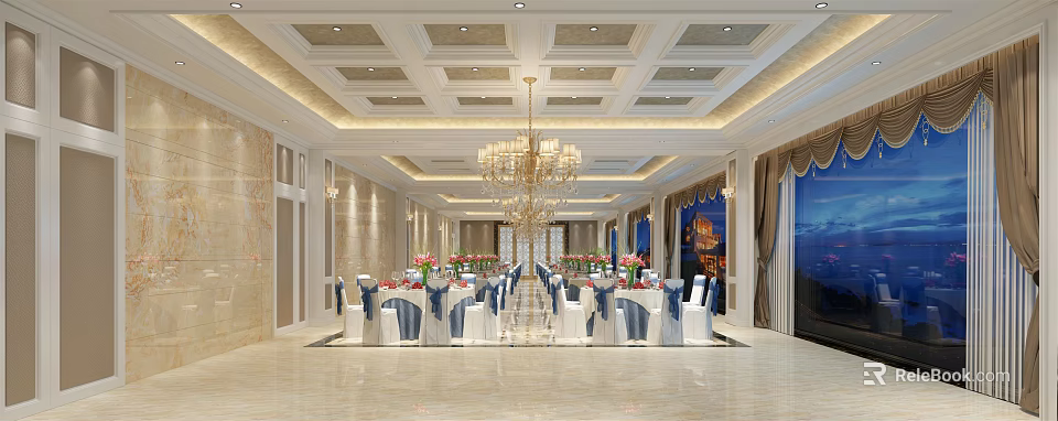 Elegant Banquet Hall Interior With Crystal Chandelier White Blue Table Settings And Marble Floor 3d model 