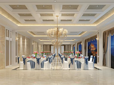 Elegant Banquet Hall Interior With Crystal Chandelier White Blue Table Settings And Marble Floor 3d model