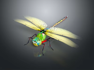 Green Dragonfly With Yellow Transparent Spread Wings And Green Body On Dark Background 3d model