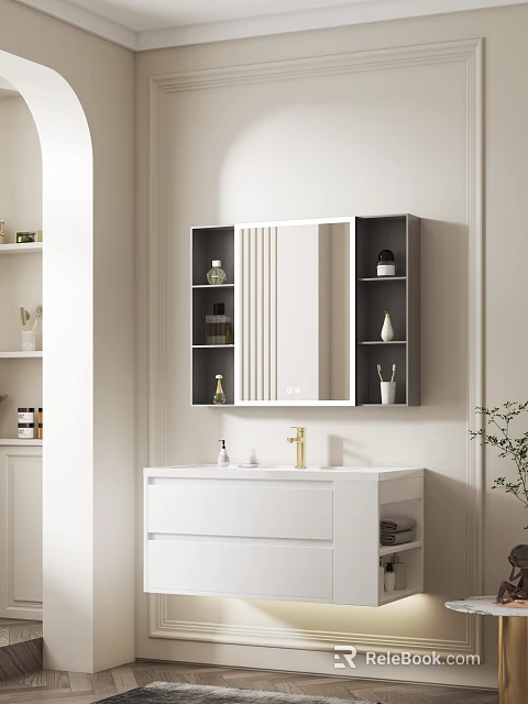 Modern Bathroom Vanity With White Countertop Gold Faucet Mirror Cabinet And Shelves 3d model 