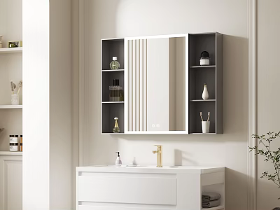 Modern Bathroom Vanity With White Countertop Gold Faucet Mirror Cabinet And Shelves 3d model