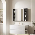 Modern Bathroom Vanity With White Countertop Gold Faucet Mirror Cabinet And Shelves