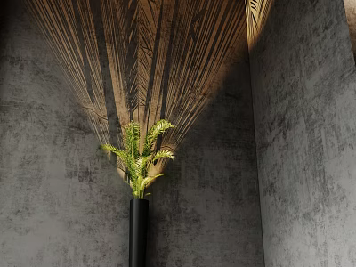 Wall Lamp Casts Feather Pattern Light On Gray Wall With Green Plant 3d model
