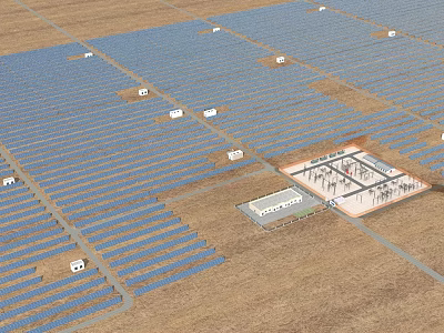 Industrial Factory With Vast Solar Panel Array And Energy Supply Infrastructure 3d model