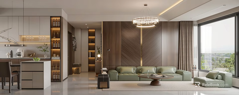Modern Dining and Living Room Interior With Green Sofa Wooden Wall And Chandelier 3d model 