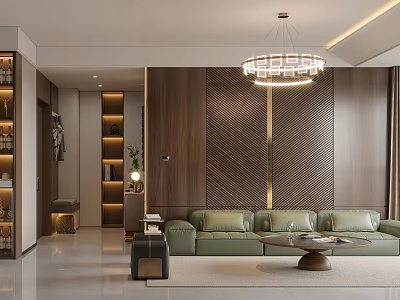 Modern Dining and Living Room Interior With Green Sofa Wooden Wall And Chandelier 3d model