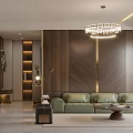 Modern Dining and Living Room Interior With Green Sofa Wooden Wall And Chandelier
