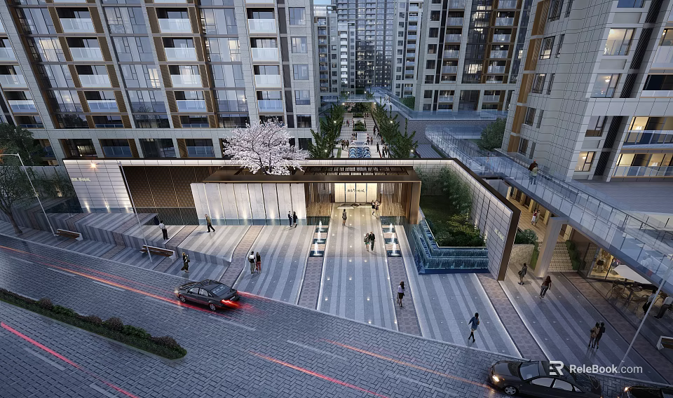 Modern Aerial View Residential Plan With High rise Apartment Buildings Central Plaza Pedestrians And Greenery 3d model 