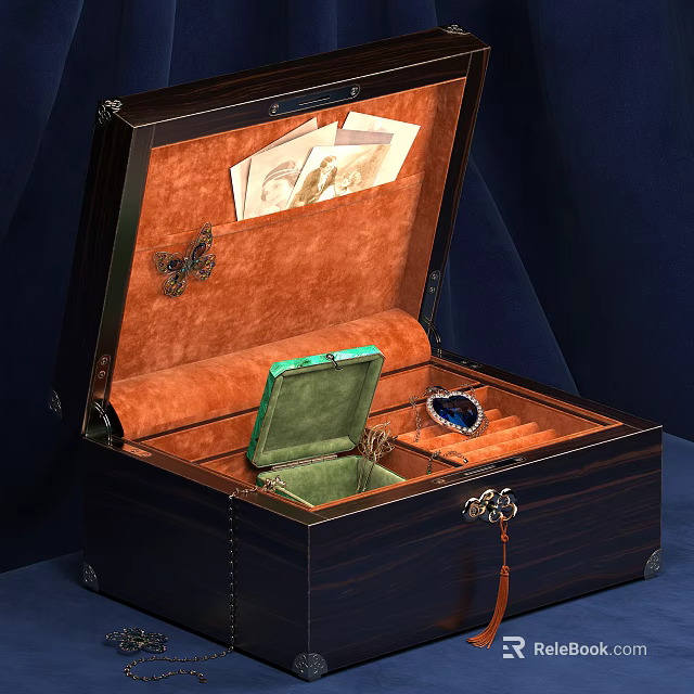 Dark Wooden Display Cabinet with Orange Velvet Lining Green Box and Blue Gemstone Jewelry 3d model 