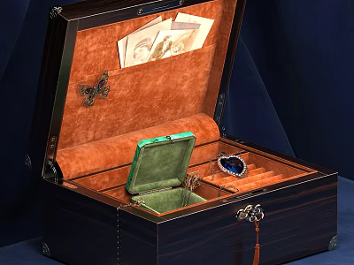 Dark Wooden Display Cabinet with Orange Velvet Lining Green Box and Blue Gemstone Jewelry 3d model