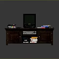 Vintage Wooden TV Stand With Old Fashioned TV VHS Tapes And Discs