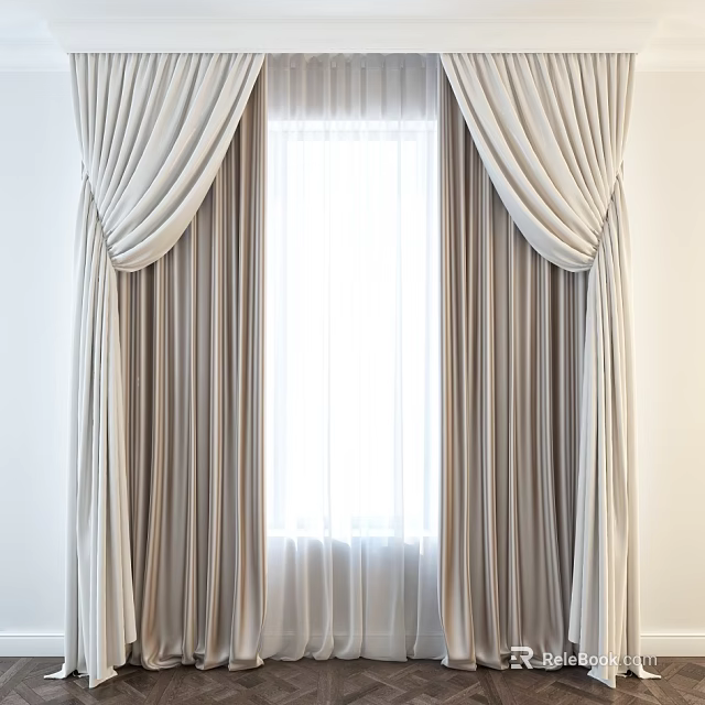 Elegant Beige Curtains With Pleated Design Draped Sides And White Sheer Panels 3d model 