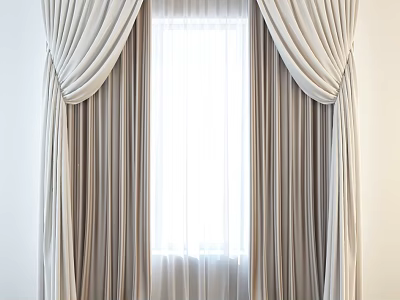 Elegant Beige Curtains With Pleated Design Draped Sides And White Sheer Panels 3d model