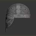 Medieval Metal Helmet With Ornate Riveted Design Intricate Patterns And Face Guard