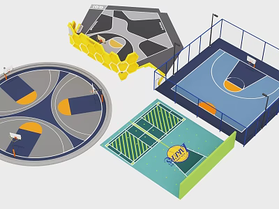 Basketball Court Complex Featuring Multiple Colored Surfaces And Enclosed Design Areas 3d model