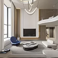 Modern Duplex Living Room with Staircase White Sofa Round Coffee Table Blue Chair Windows Chandelier