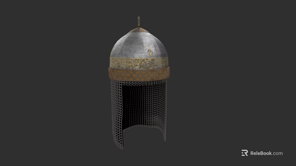 Sculpted Ancient Metal Helmet with Dome Shaped Top and Decorative Chainmail 3d model 