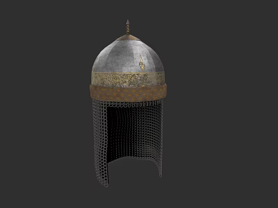 Sculpted Ancient Metal Helmet with Dome Shaped Top and Decorative Chainmail 3d model