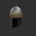 Sculpted Ancient Metal Helmet with Dome Shaped Top and Decorative Chainmail