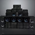 Stacked Black Audio Speakers Featuring Multiple Circular Blue Center Drivers 3d model