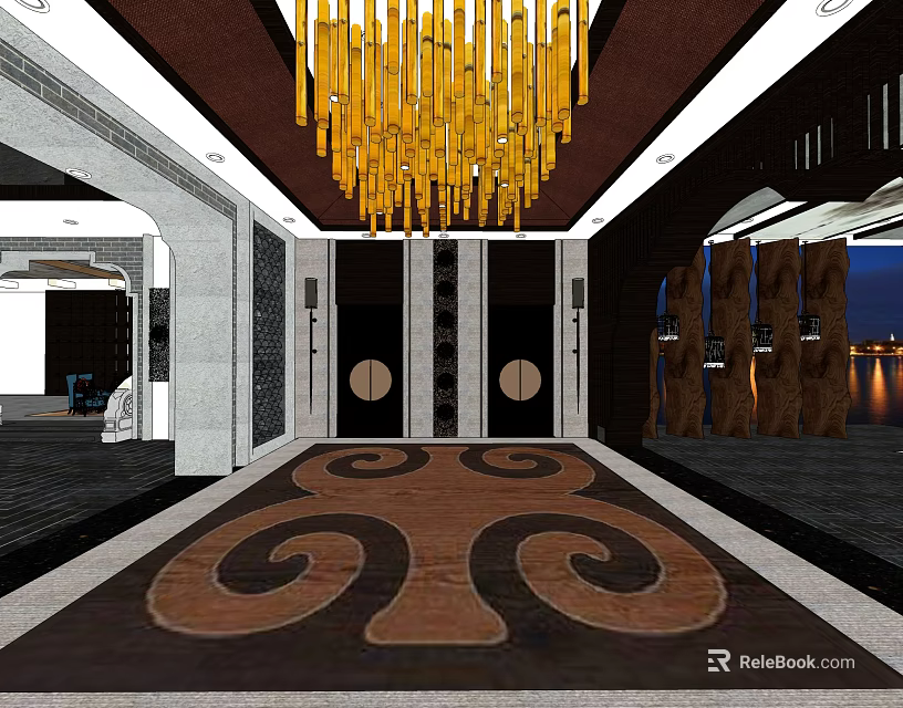 Elegant Modern Elevator Hallway Interior With Golden Chandelier And Intricate Patterned Carpet 3d model