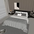 Modern Bedroom Double Bed With Dark Headboard Striped Bedspread And Gray White Pillows 3d model