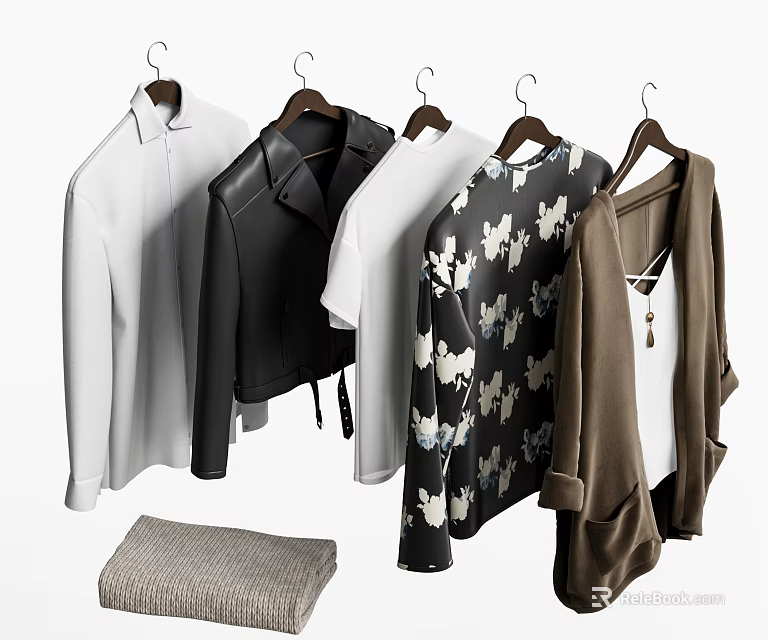 Stylish Hanging Clothes With White Shirt Black Leather Jacket Printed Sweater Brown Cardigan Gray Knitwear 3d model 