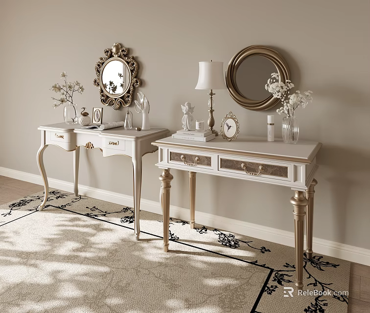 White Vanities With Gold Legs And Round Mirrors Featuring Vases Lamps And Decorative Items 3d model 