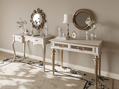 White Vanities With Gold Legs And Round Mirrors Featuring Vases Lamps And Decorative Items 3d model