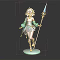 Anime Style Fantasy Character With Pink Hair Green Blue Decorative Outfit And Spear