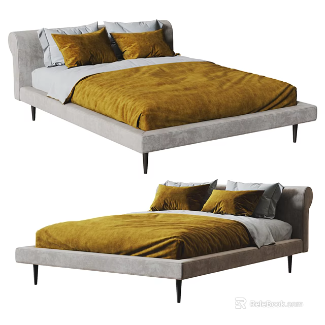 Modern Double Bed with Gray Frame Yellow Duvet and Comfortable Pillows 3d model